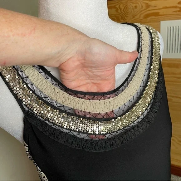 Studio I Black & Beige Sleeveless Paisley Print Studded Dress 8 - Picture 5 of 9